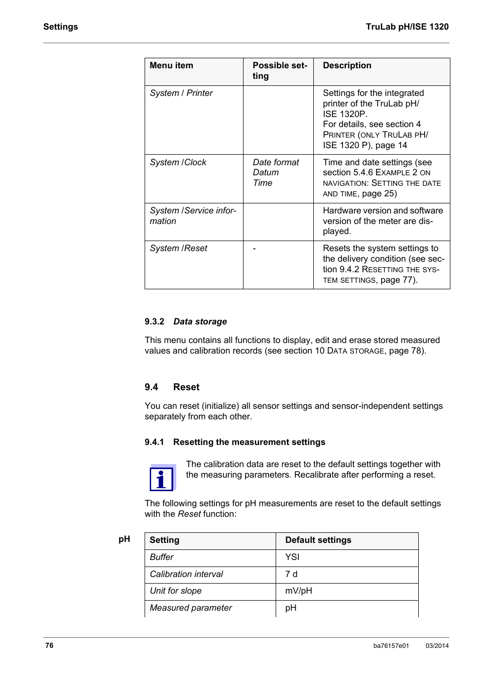 2 data storage, 4 reset, 1 resetting the measurement settings | Data, Reset, Resetting the measurement settings, Section 9.4.1 r, Esetting, Measurement, Settings | YSI TruLab 1320P User Manual | Page 76 / 106