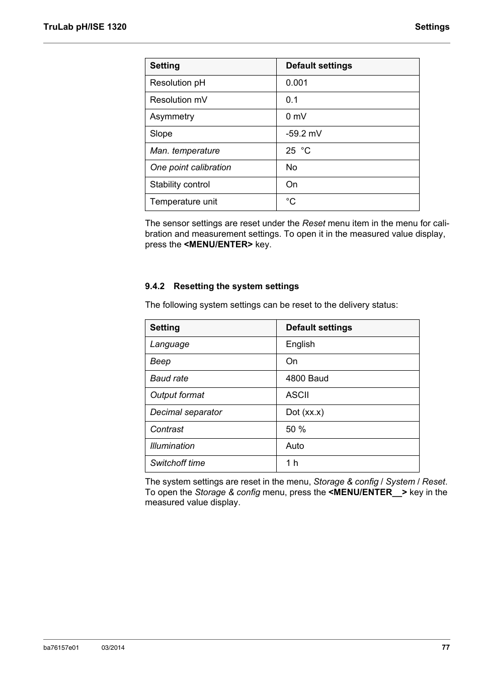 2 resetting the system settings, Resetting the system settings | YSI TruLab 1320P User Manual | Page 77 / 106