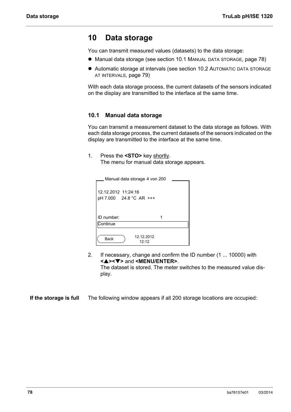 10 data storage, 1 manual data storage | YSI TruLab 1320P User Manual | Page 78 / 106