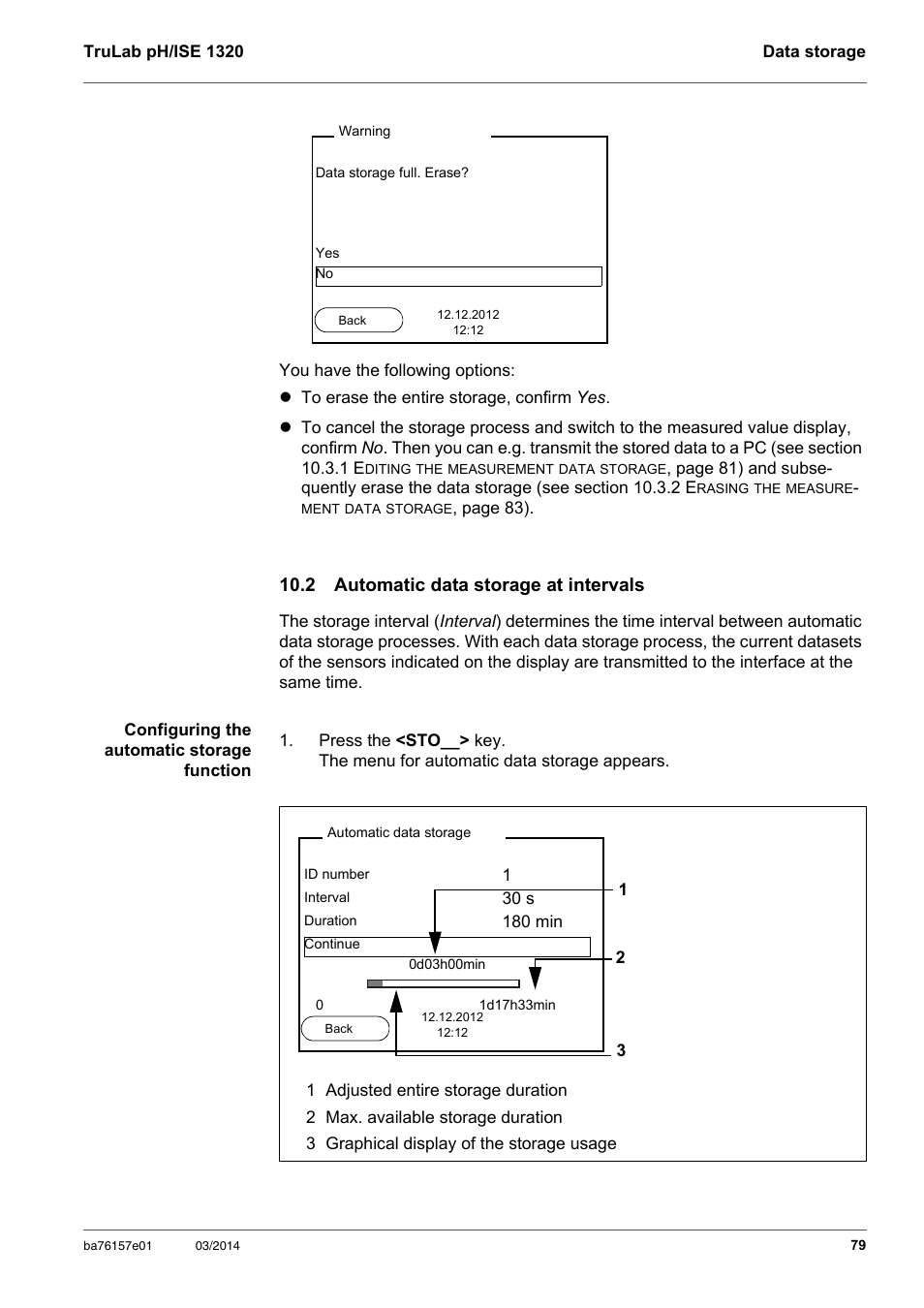 2 automatic data storage at intervals, Section, Utomatic | Data, Storage, Intervals, Tion 10.2 a, Section 10.2 a | YSI TruLab 1320P User Manual | Page 79 / 106
