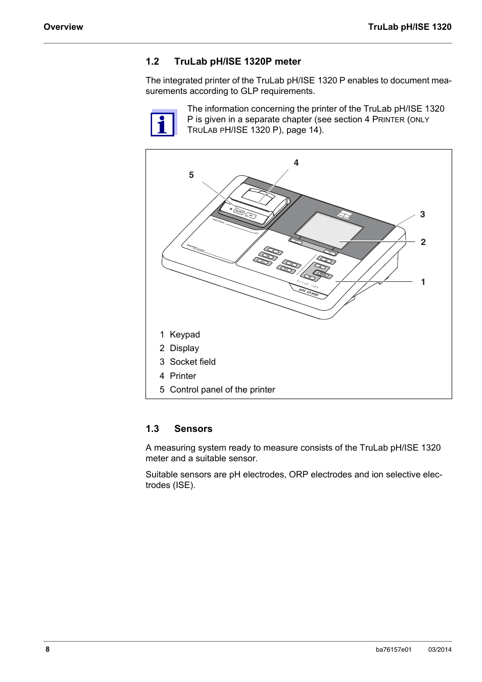 2 trulab ph/ise 1320p meter, 3 sensors, Trulab ph/ise 1320p meter | Sensors | YSI TruLab 1320P User Manual | Page 8 / 106