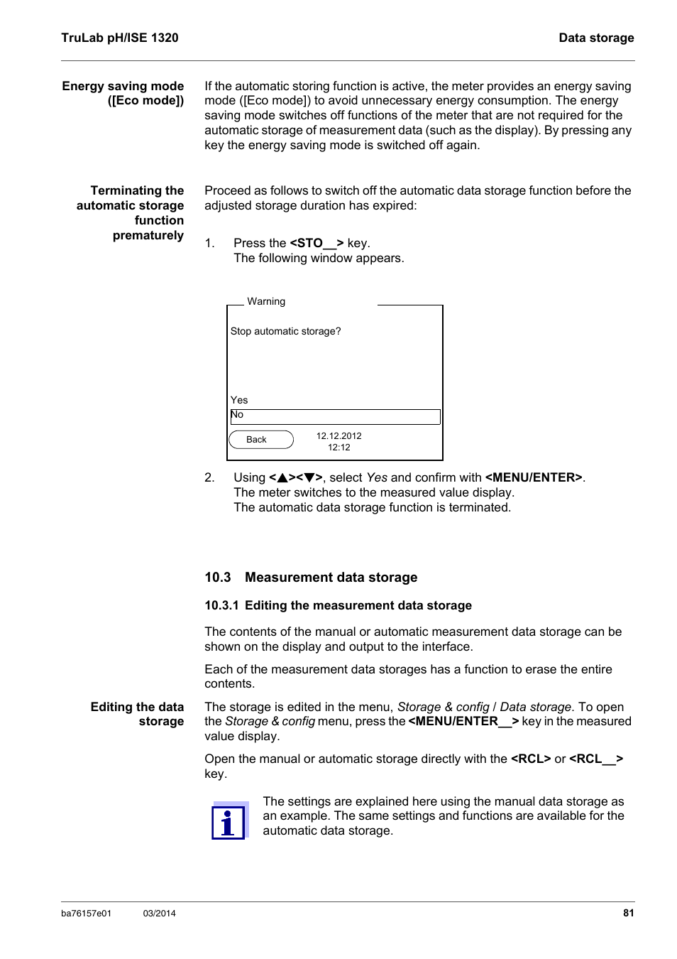 3 measurement data storage, 1 editing the measurement data storage, Section 10.3.1 e | Diting, Measurement, Data, Storage | YSI TruLab 1320P User Manual | Page 81 / 106