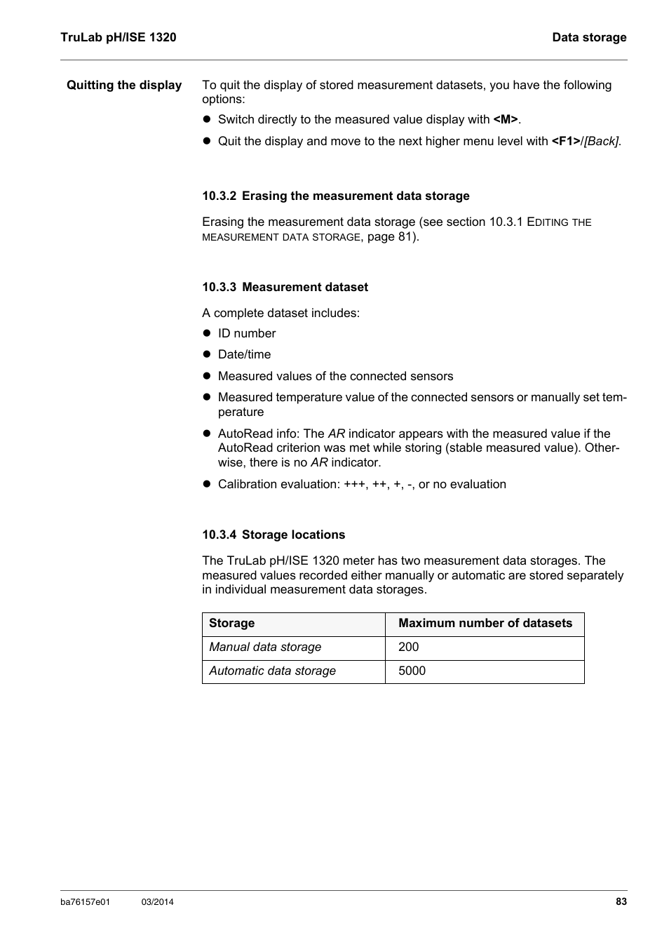 2 erasing the measurement data storage, 3 measurement dataset, 4 storage locations | See section 10.3.2 e, Rasing, Measure, Ment, Data, Storage | YSI TruLab 1320P User Manual | Page 83 / 106