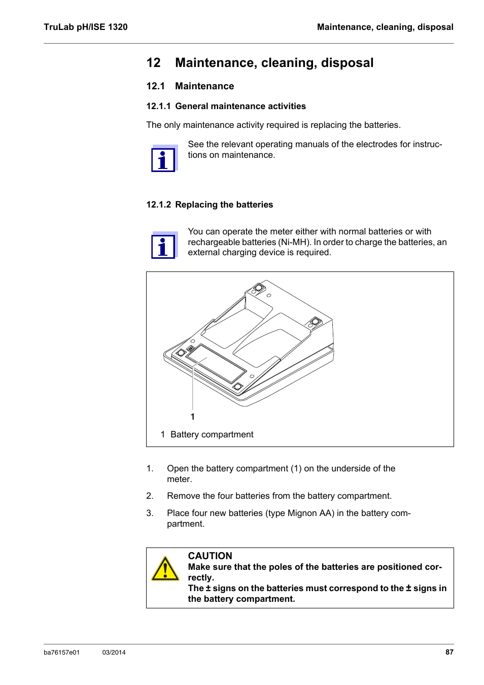 12 maintenance, cleaning, disposal, 1 maintenance, 1 general maintenance activities | 2 replacing the batteries | YSI TruLab 1320P User Manual | Page 87 / 106