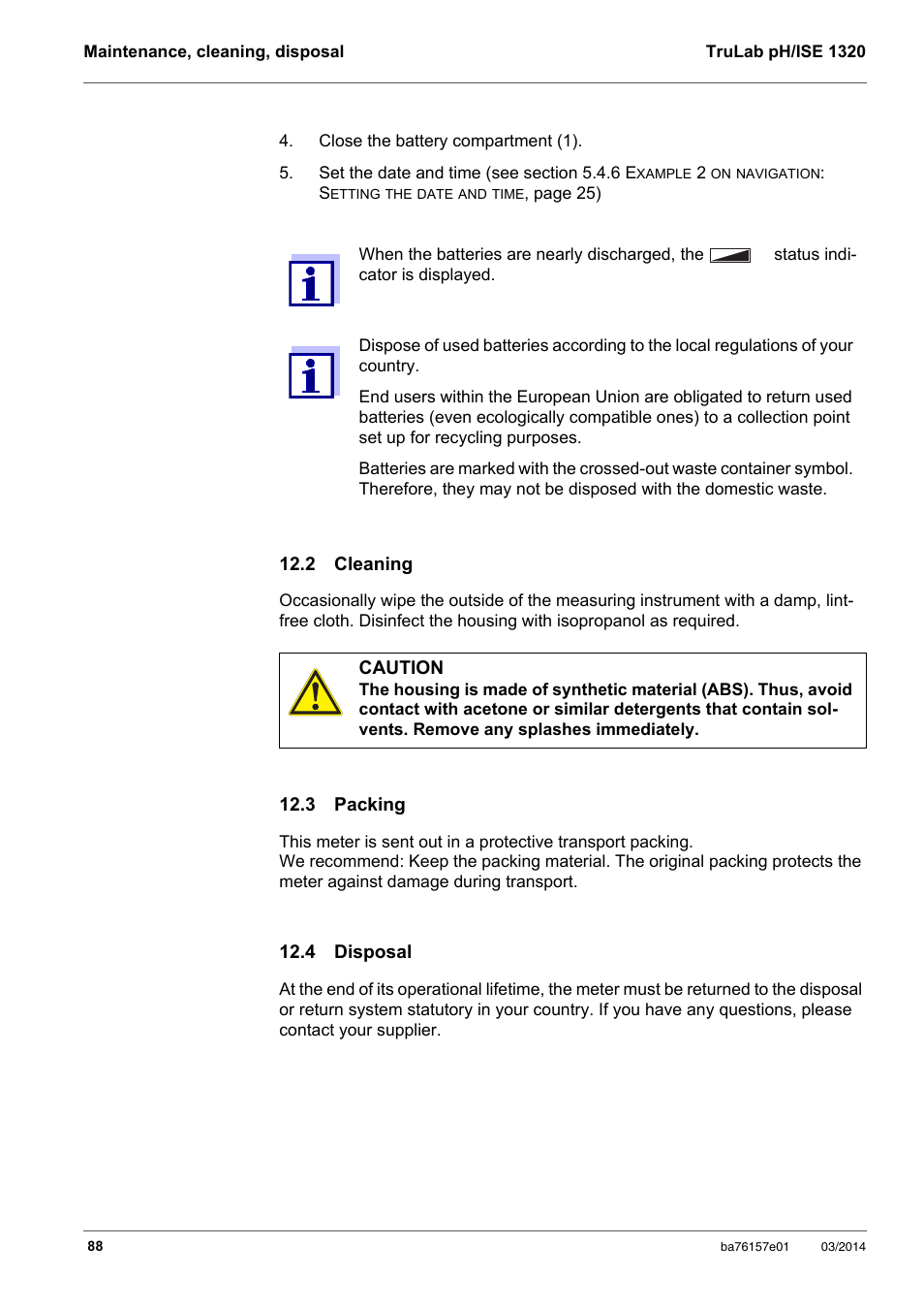 2 cleaning, 3 packing, 4 disposal | 2 cleaning 12.3 packing 12.4 disposal | YSI TruLab 1320P User Manual | Page 88 / 106