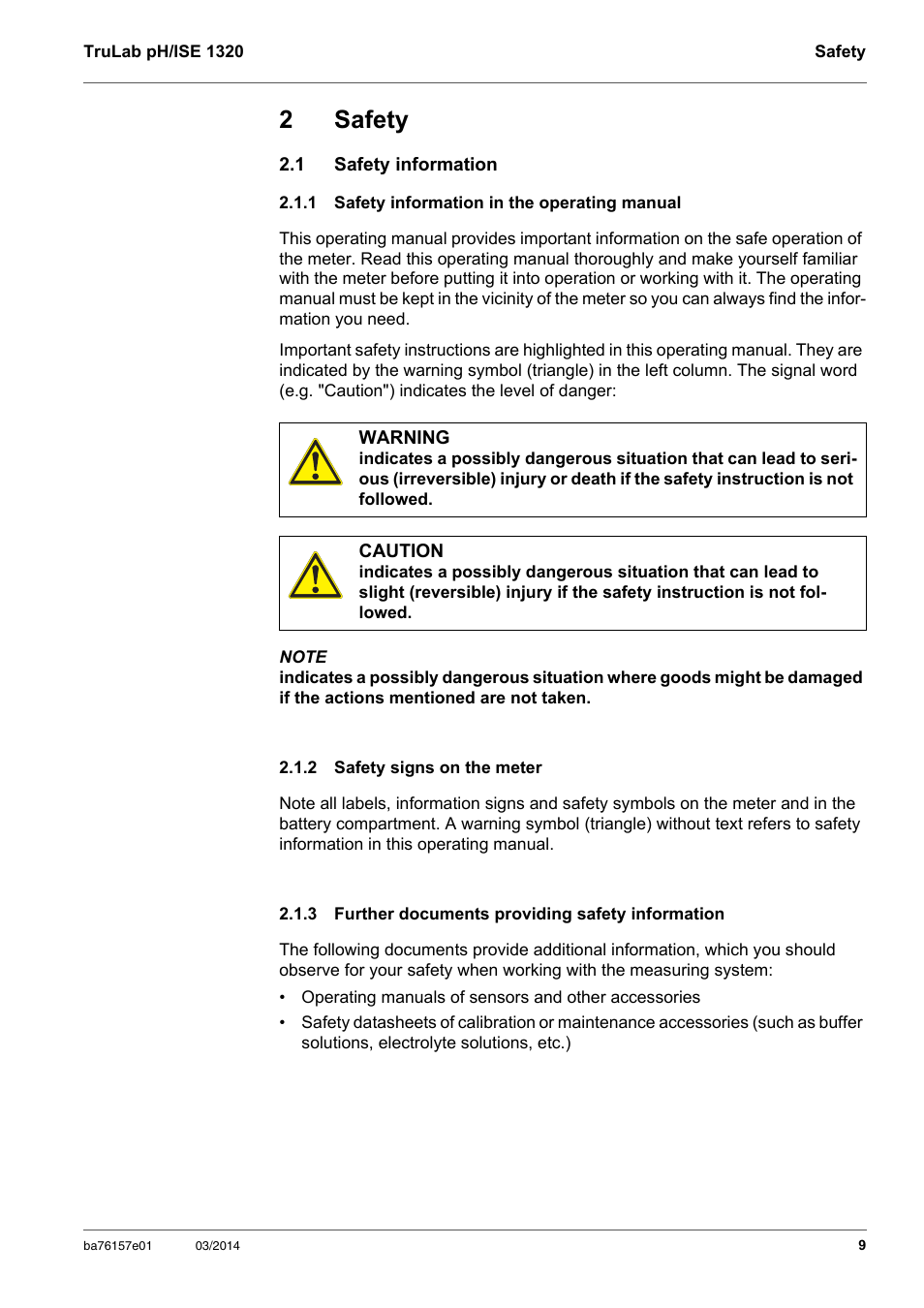 2 safety, 1 safety information, 1 safety information in the operating manual | 2 safety signs on the meter, 3 further documents providing safety information, Safety, Safety information, Safety information in the operating manual, Safety signs on the meter, Further documents providing safety information | YSI TruLab 1320P User Manual | Page 9 / 106