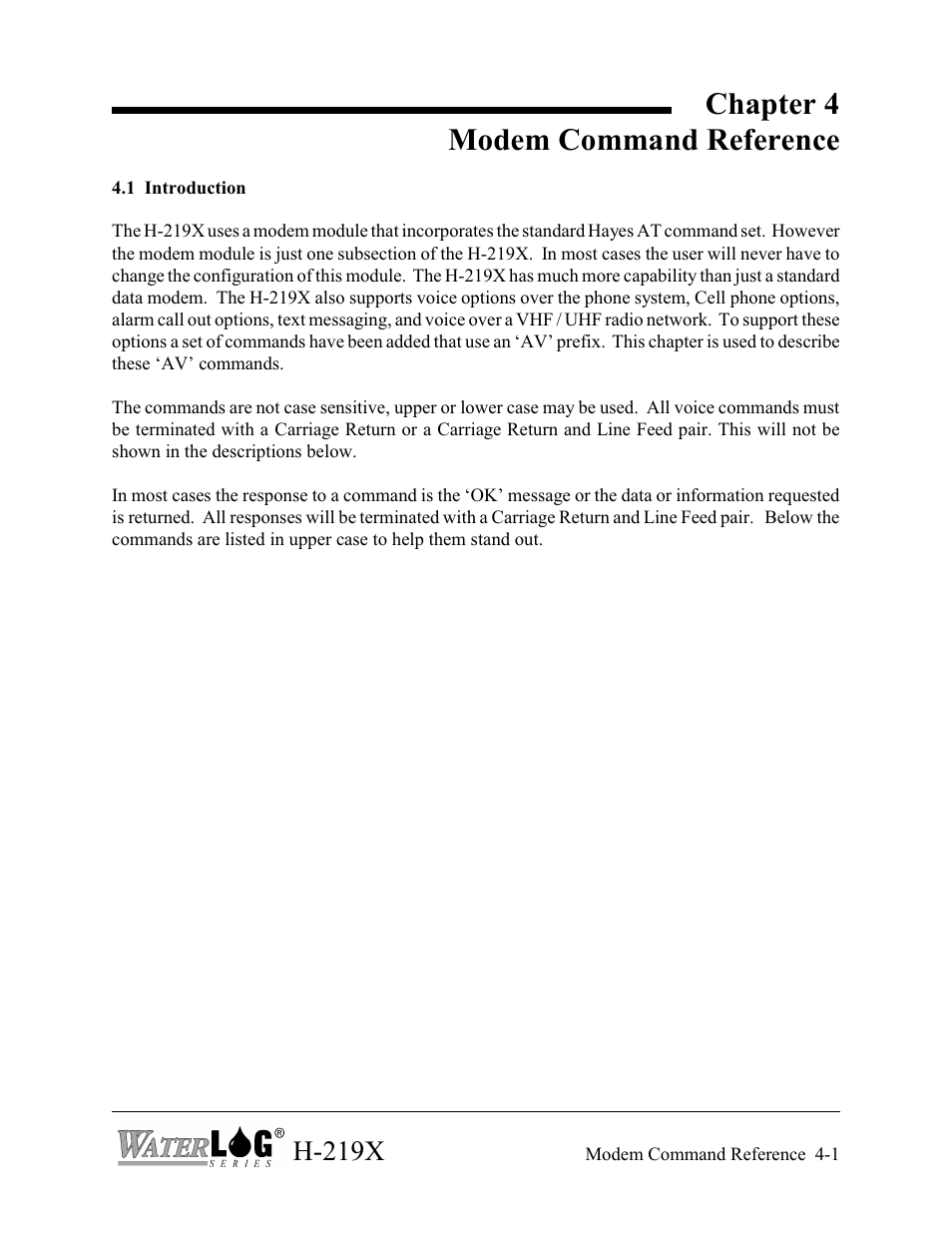 Chapter 4 modem command reference, H-219x | Xylem H-2192 User Manual | Page 31 / 57