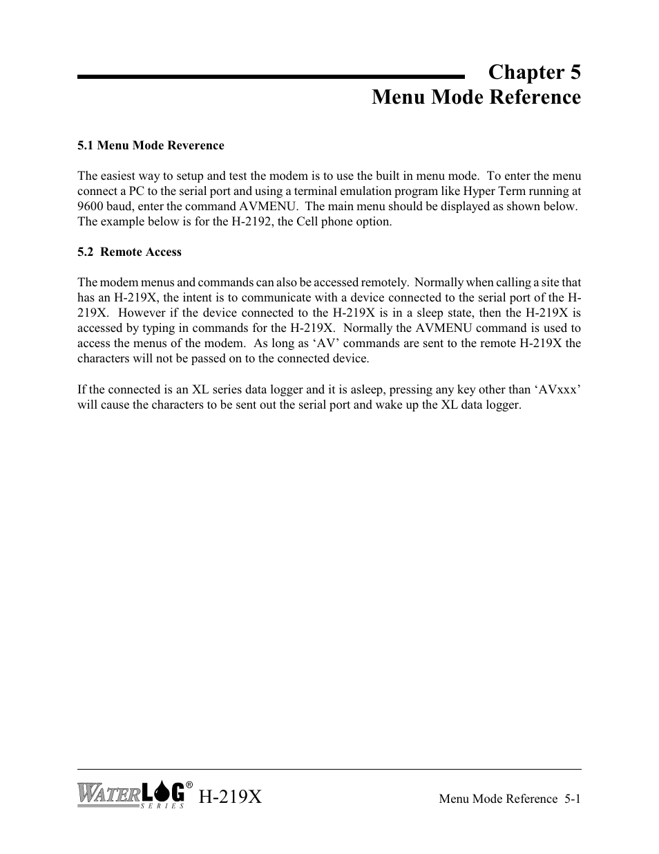 Chapter 5 menu mode reference, H-219x | Xylem H-2192 User Manual | Page 41 / 57