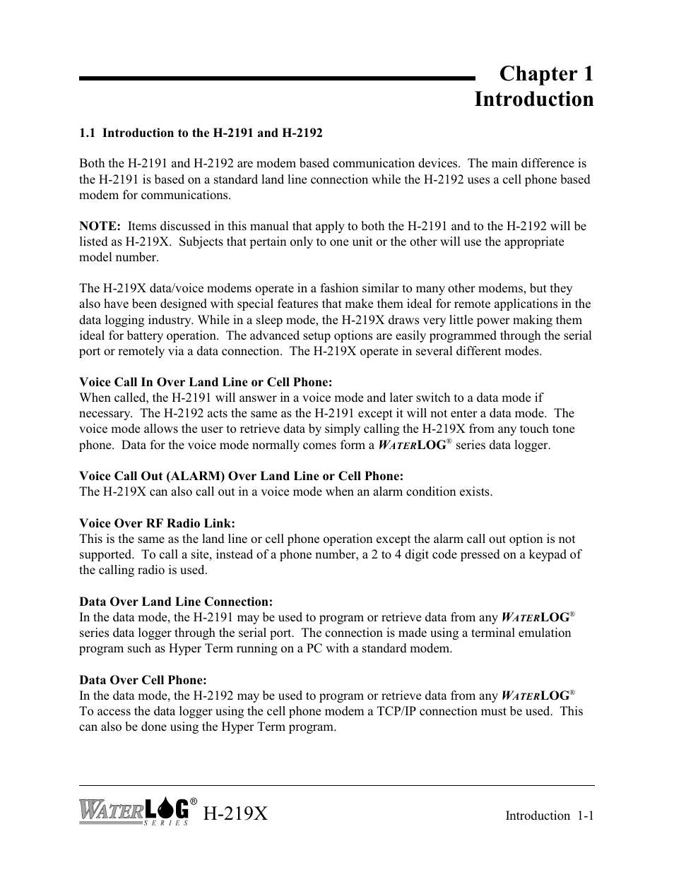 Chapter 1 introduction, H-219x | Xylem H-2192 User Manual | Page 5 / 57