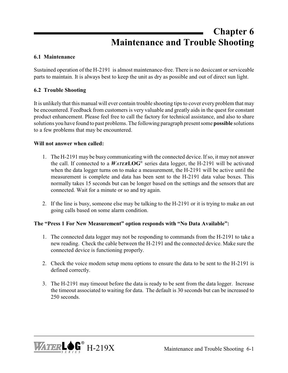 Chapter 6 maintenance and trouble shooting, H-219x | Xylem H-2192 User Manual | Page 55 / 57