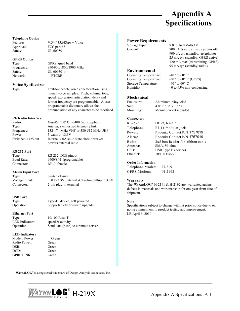 Appendix a specifications, H-219x, Appendix a specifications a-1 | Xylem H-2192 User Manual | Page 57 / 57