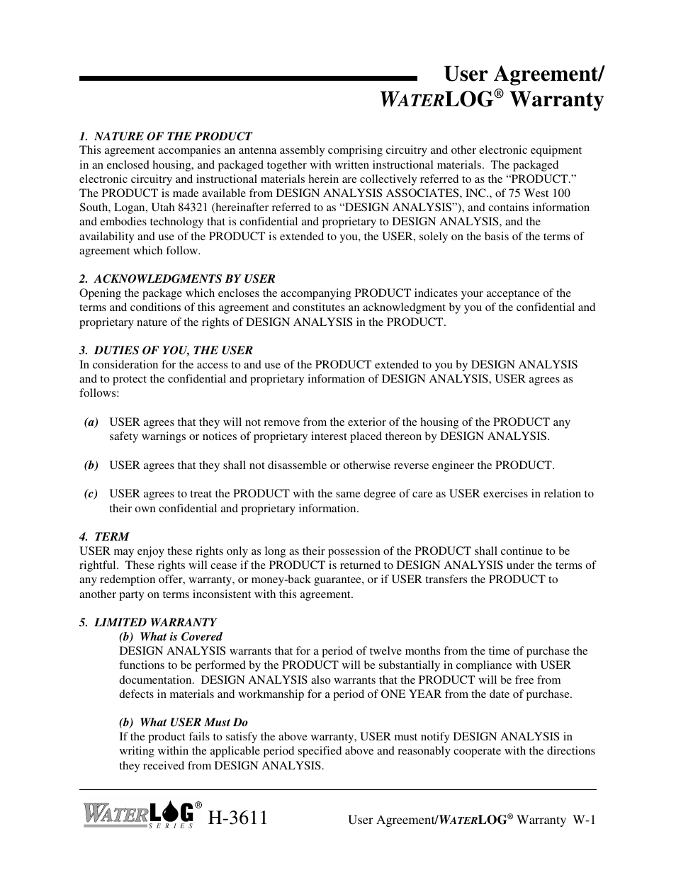 User agreement/ w, Warranty, H-3611 | Ater | Xylem H-223 User Manual | Page 3 / 9