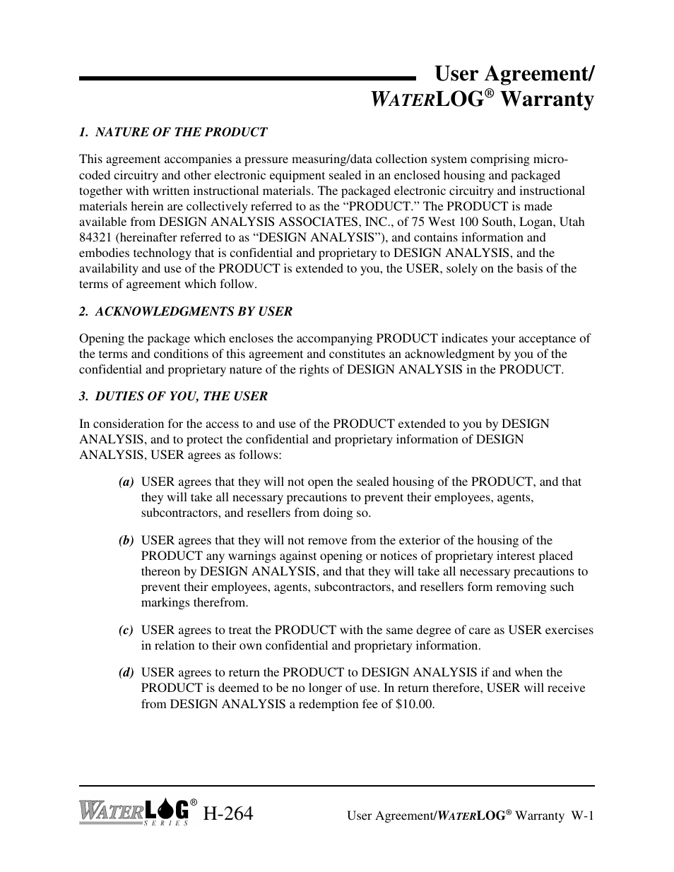 User agreement/ w, Warranty, H-264 | Ater | Xylem H-264 User Manual | Page 3 / 16