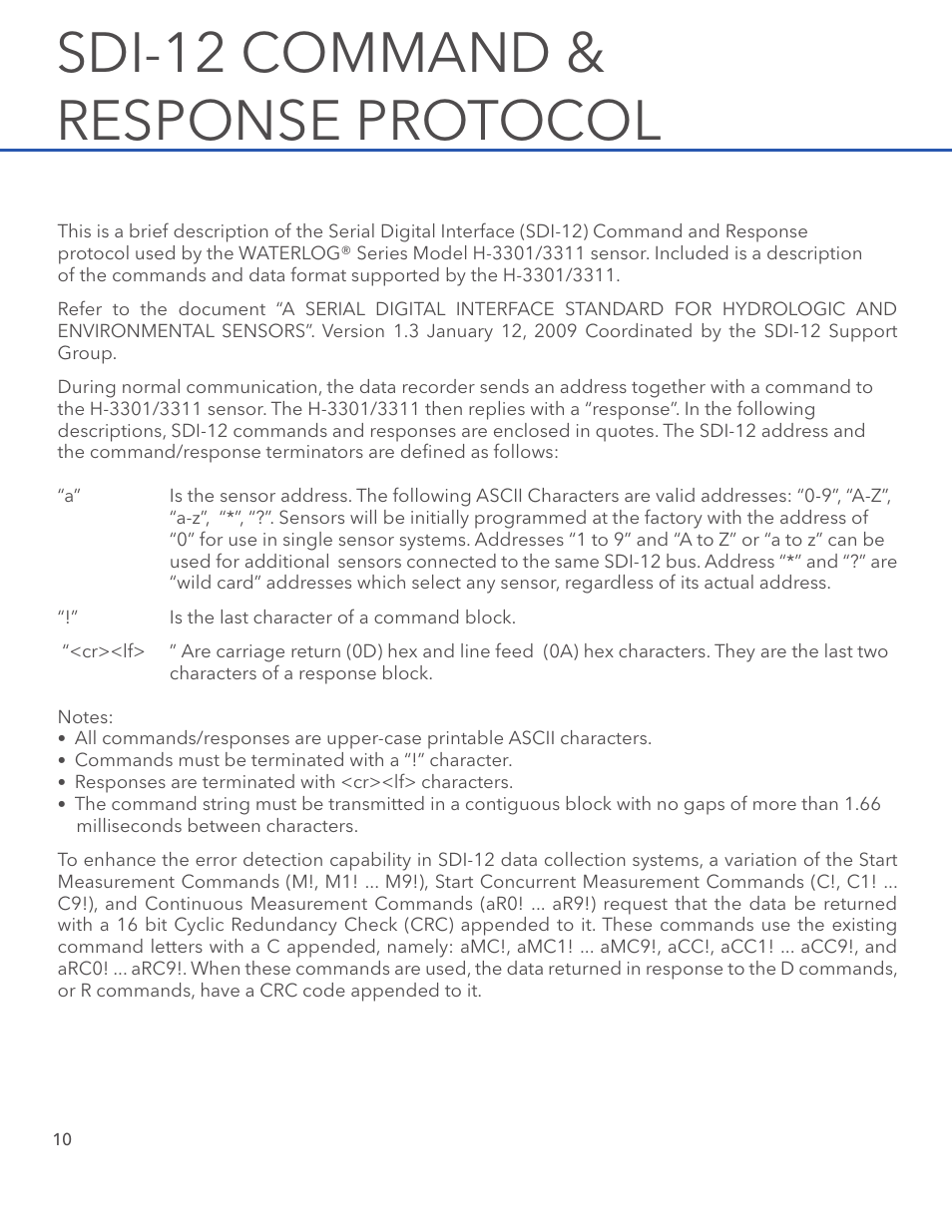 Sdi-12 command & response protocol | Xylem H-3311 User Manual | Page 12 / 24