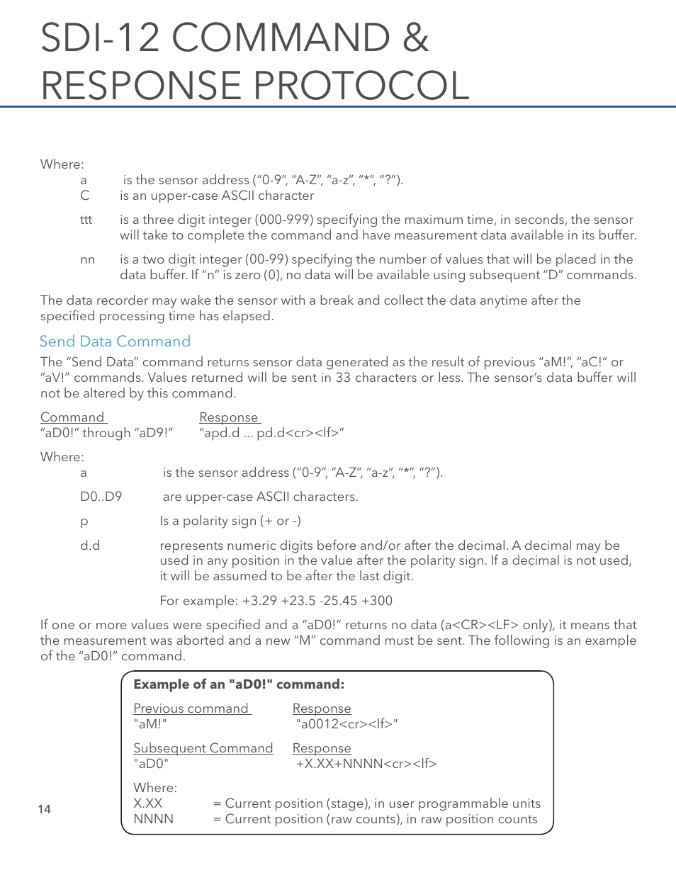 Sdi-12 command & response protocol | Xylem H-3311 User Manual | Page 16 / 24