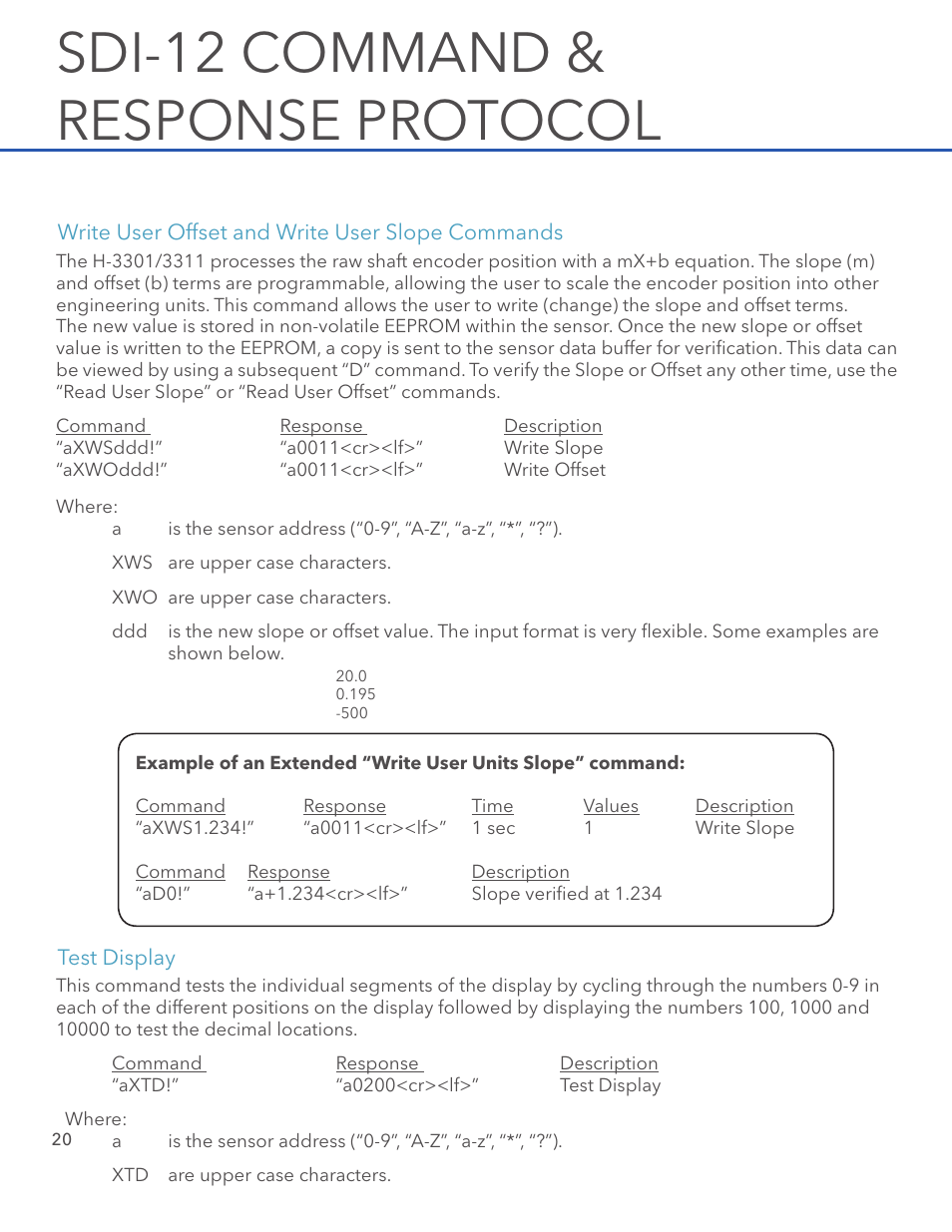 Sdi-12 command & response protocol | Xylem H-3311 User Manual | Page 22 / 24