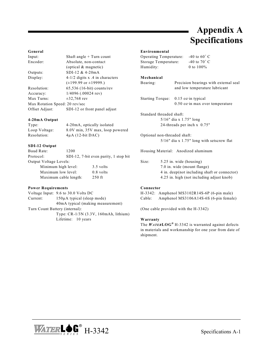 Appendix a specifications, H-3342 | Xylem H-3342 User Manual | Page 29 / 30