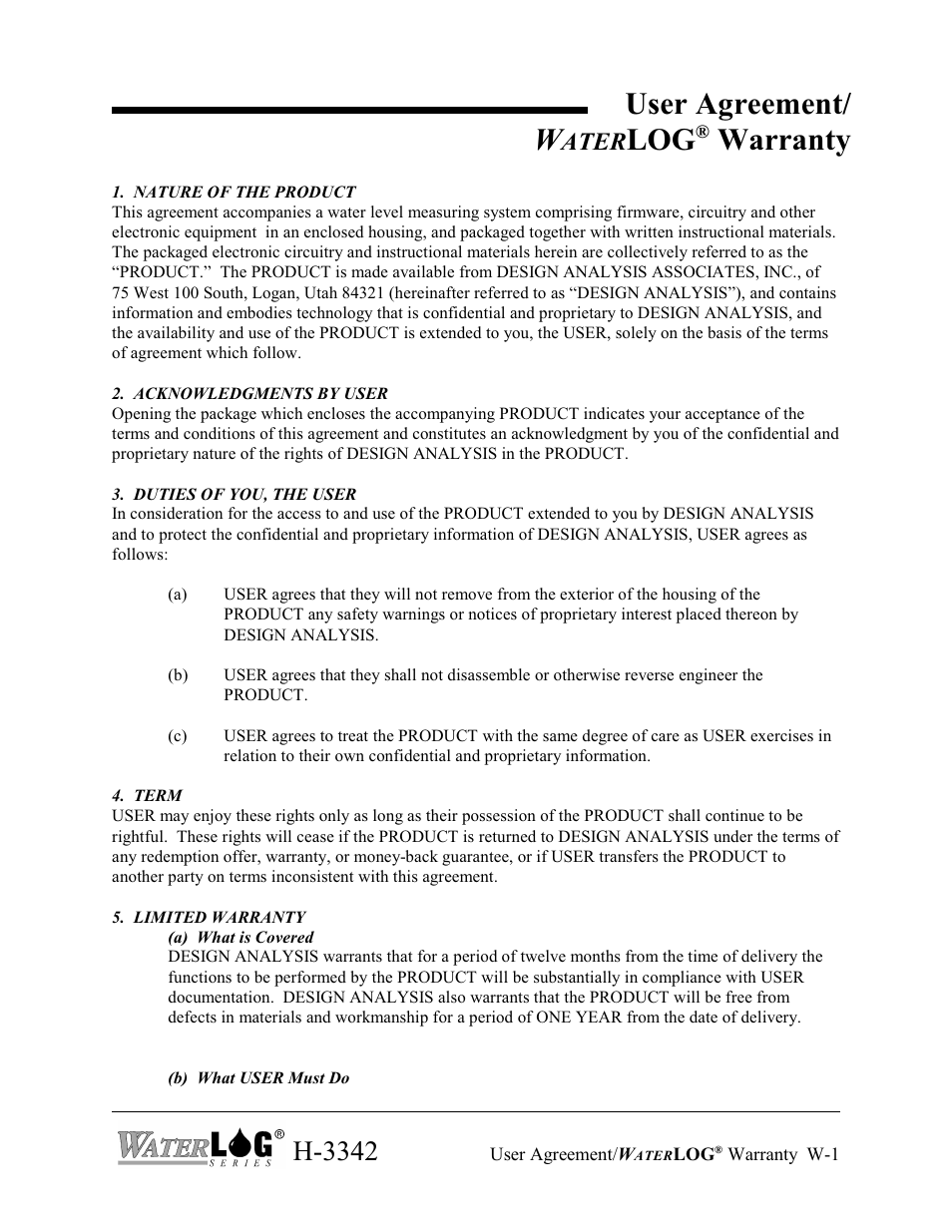 User agreement/ w, Log warranty, H-3342 | Ater | Xylem H-3342 User Manual | Page 3 / 30