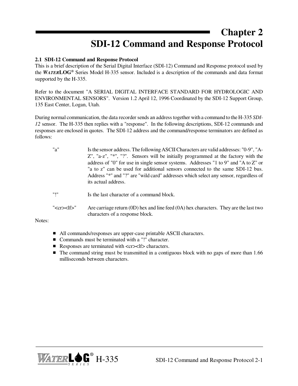 Chapter 2 sdi-12 command and response protocol, H-335 | Xylem H-335 User Manual | Page 17 / 32