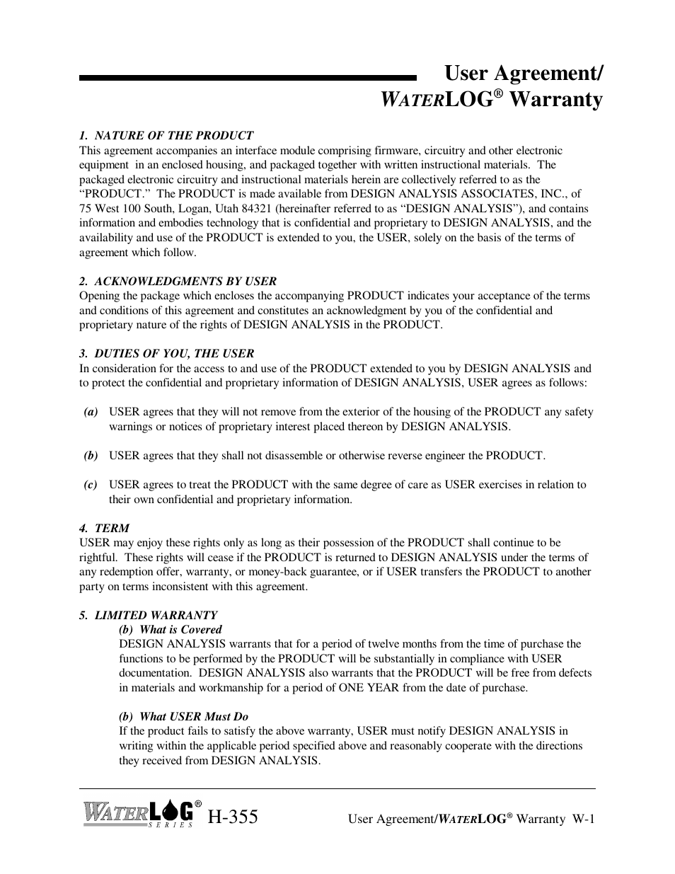 User agreement/ w, Warranty, H-355 | Ater | Xylem H-335 User Manual | Page 3 / 32