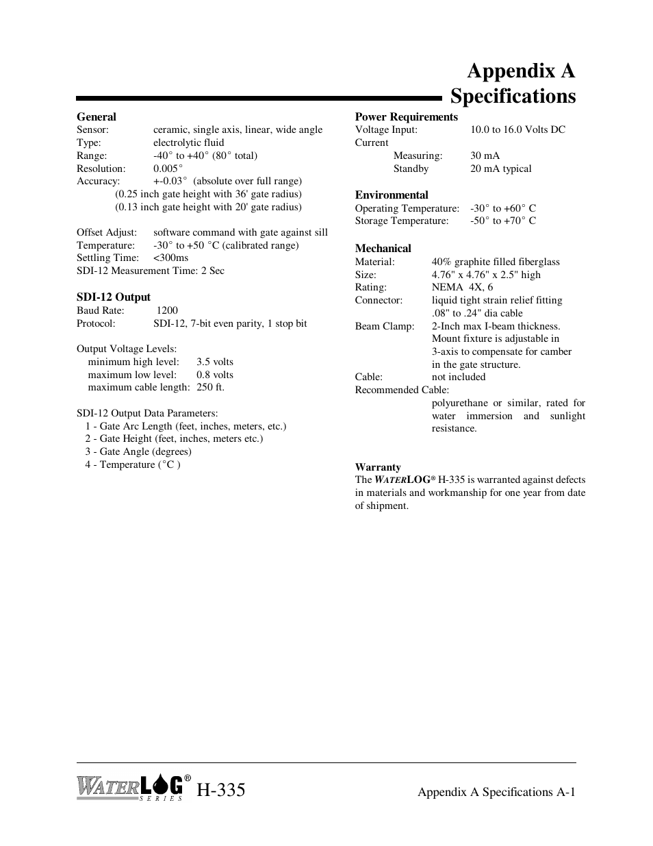 Appendix a specifications, H-335 | Xylem H-335 User Manual | Page 31 / 32