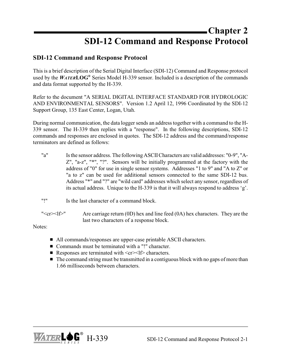 Chapter 2 sdi-12 command and response protocol, H-339 | Xylem H-339 User Manual | Page 13 / 21