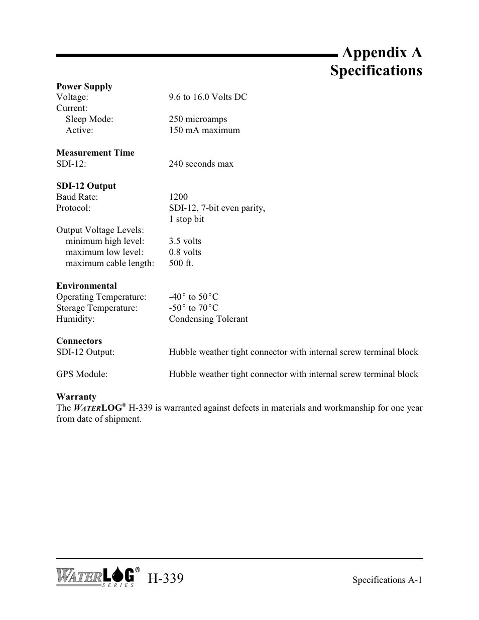 Appendix a specifications, H-339 | Xylem H-339 User Manual | Page 20 / 21