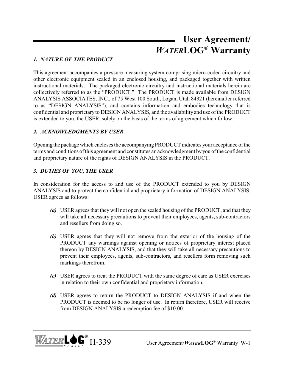 User agreement, Log warranty, H-339 | Ater | Xylem H-339 User Manual | Page 3 / 21