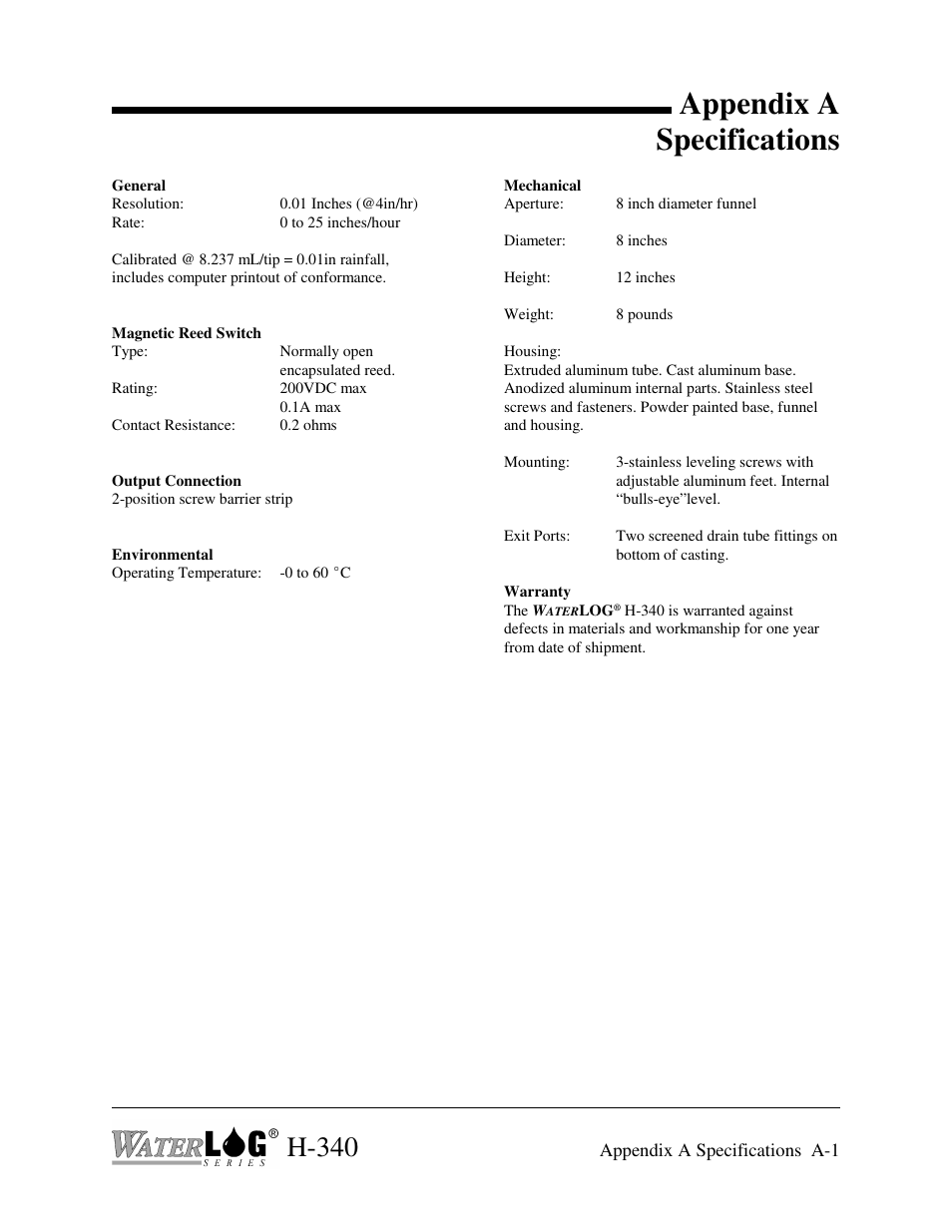 Appendix a specifications, H-340 | Xylem H-340 User Manual | Page 11 / 12
