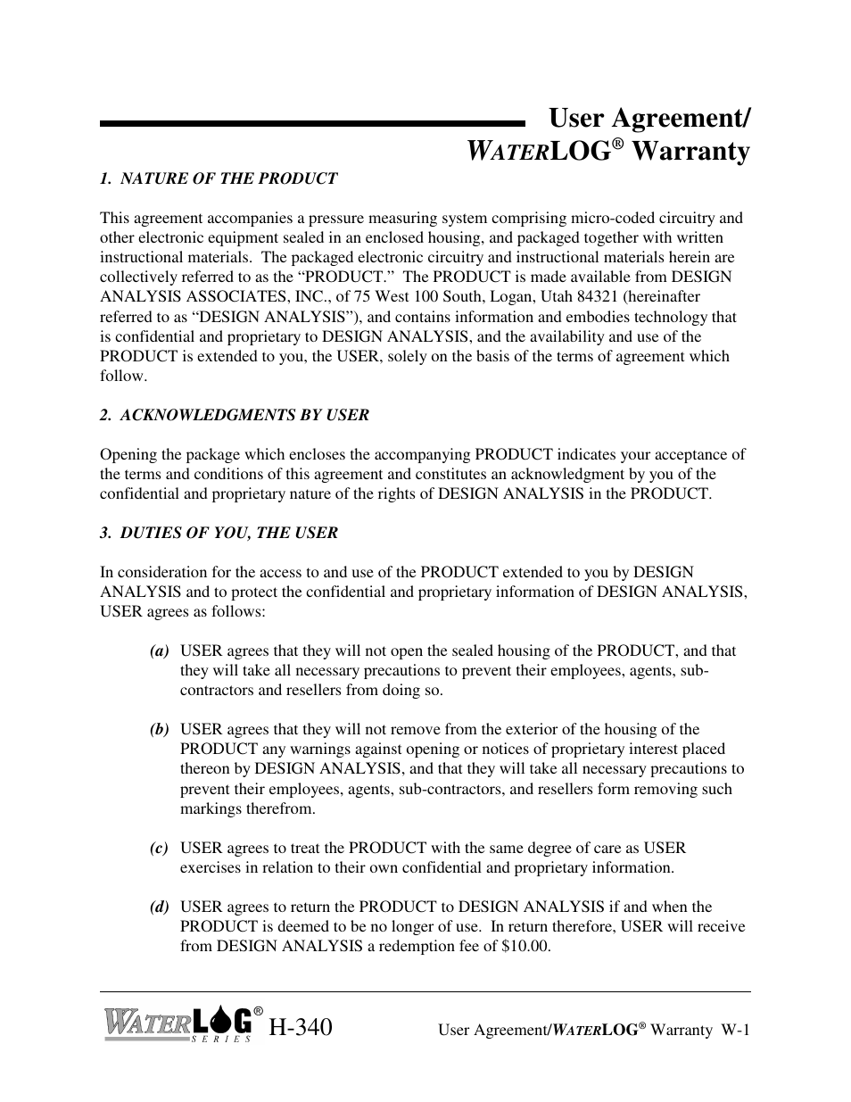 User agreement, Warranty, H-340 | Ater | Xylem H-340 User Manual | Page 3 / 12