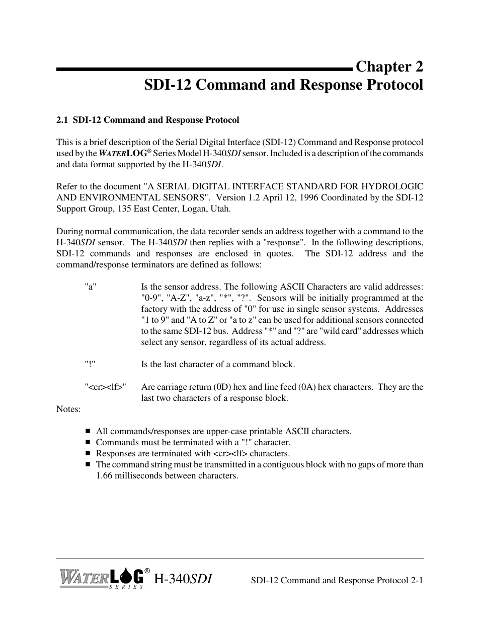 Chapter 2 sdi-12 command and response protocol, H-340 sdi | Xylem H-340SDI User Manual | Page 15 / 32