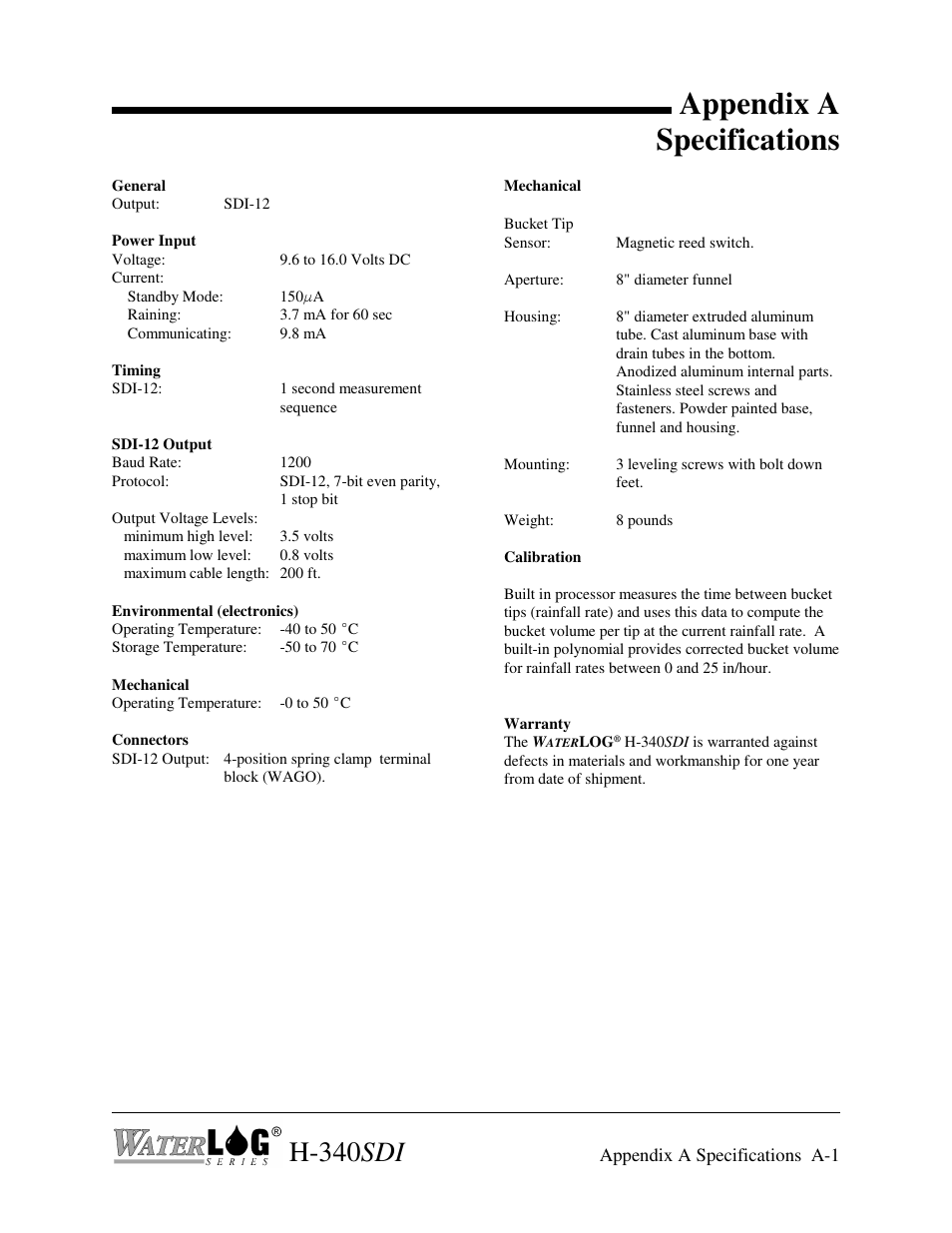 Appendix a specifications, H-340 sdi | Xylem H-340SDI User Manual | Page 31 / 32