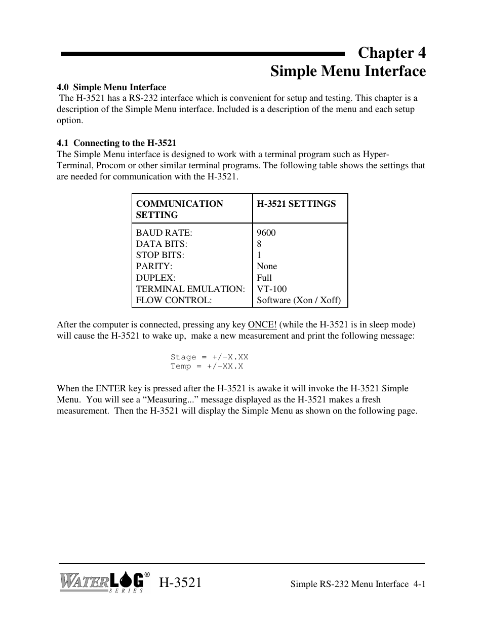 Chapter 4 simple menu interface, H-3521 | Xylem H-3521 User Manual | Page 23 / 57