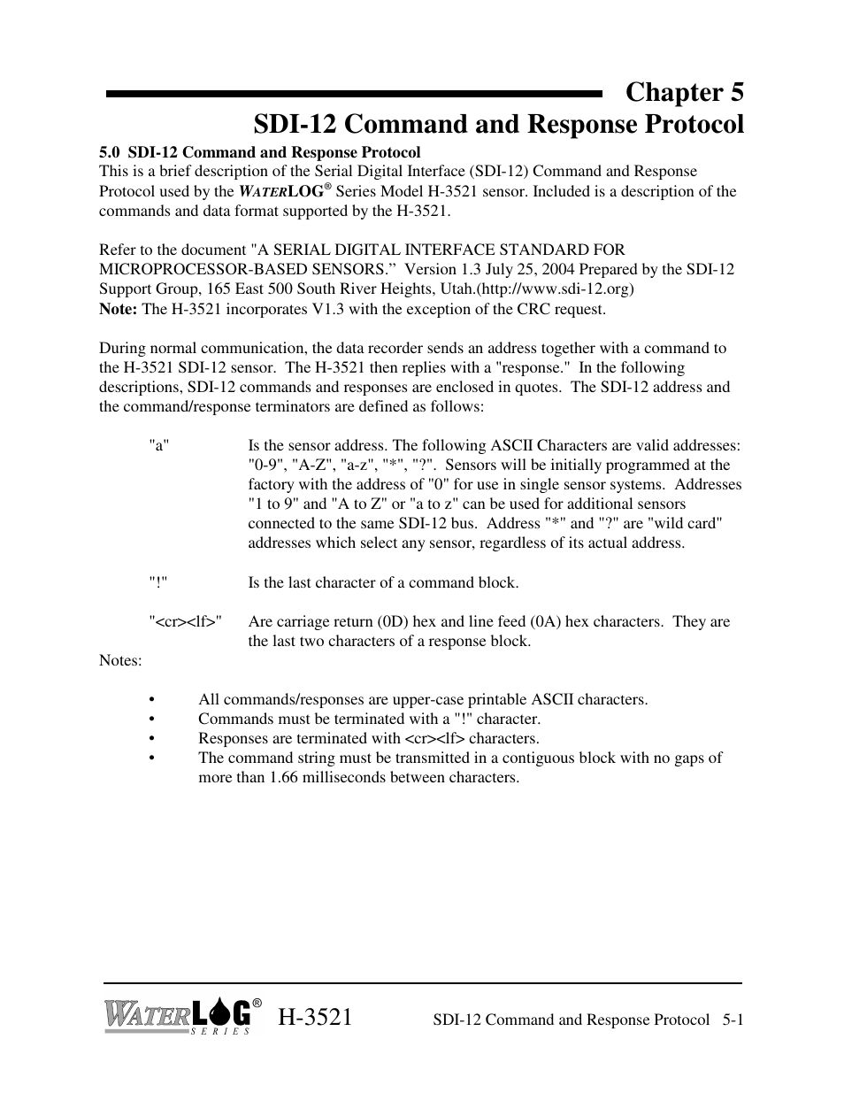 Chapter 5 sdi-12 command and response protocol, H-3521 | Xylem H-3521 User Manual | Page 31 / 57