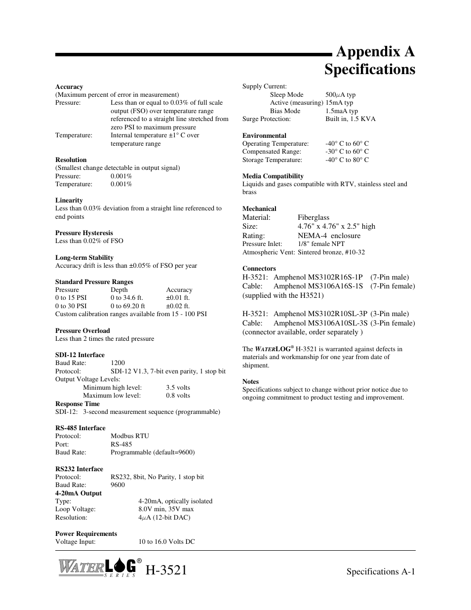Appendix a specifications, H-3521 | Xylem H-3521 User Manual | Page 51 / 57