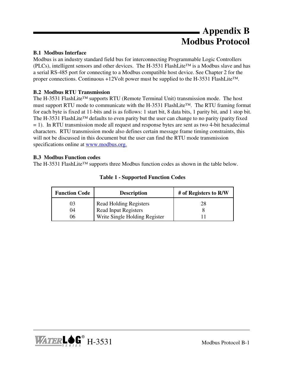 Appendix b modbus protocol, H-3531 | Xylem H-3521 User Manual | Page 53 / 57