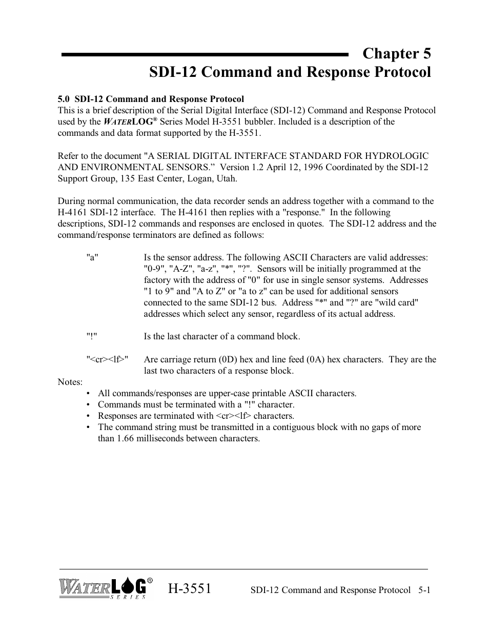 Chapter 5 sdi-12 command and response protocol, H-3551 | Xylem H-3551 User Manual | Page 19 / 42