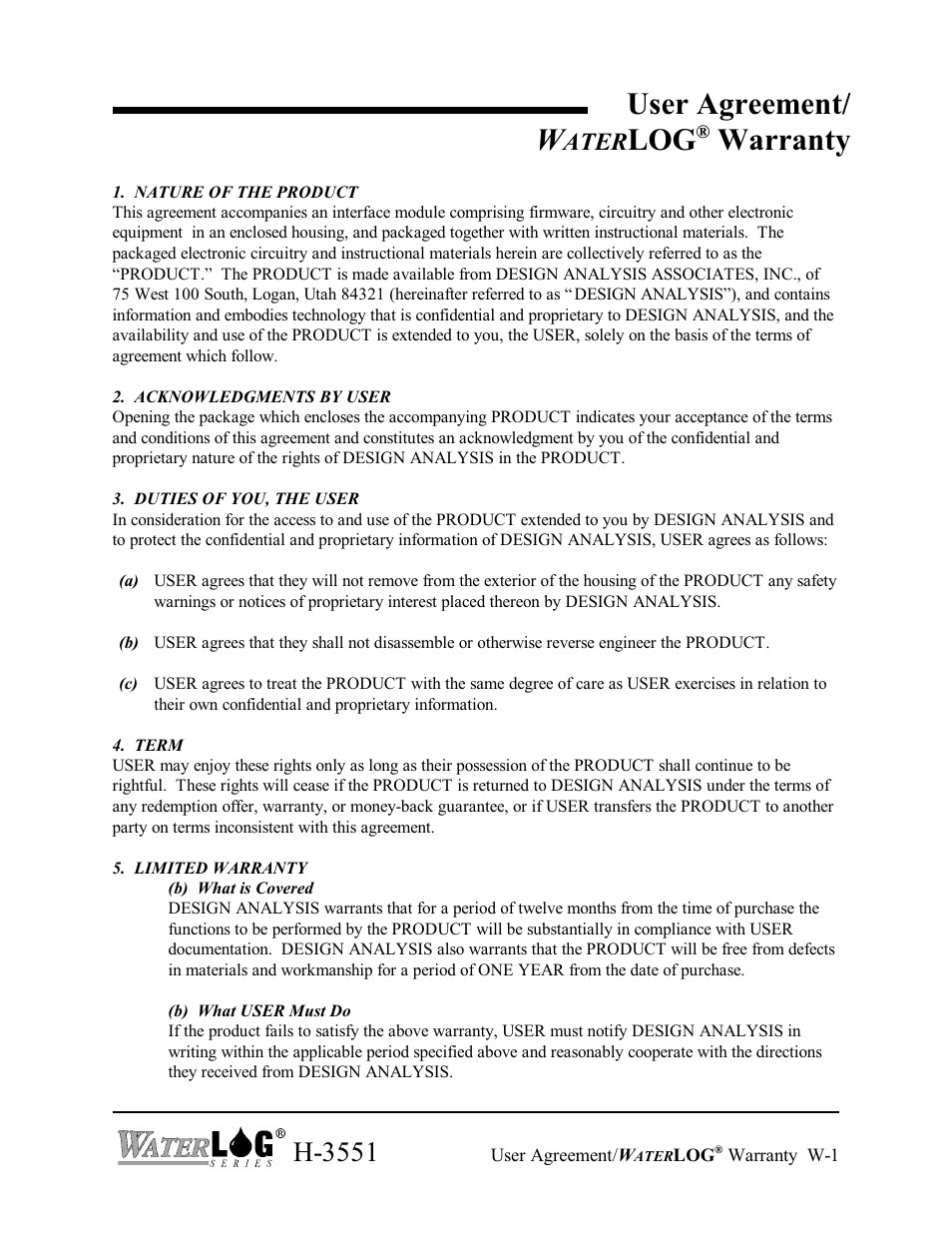 User agreement/ w, Warranty, H-3551 | Ater | Xylem H-3551 User Manual | Page 3 / 42