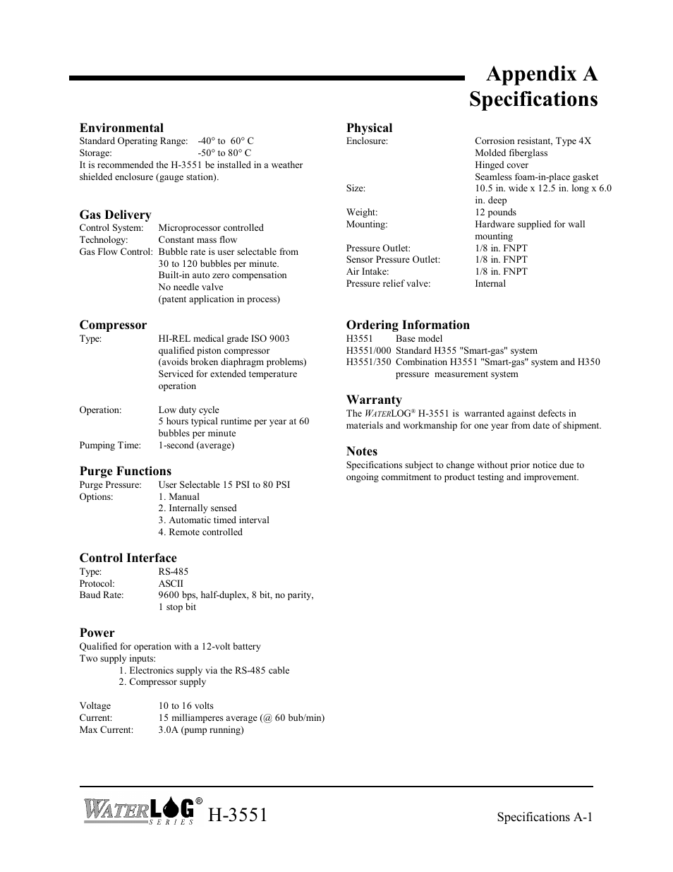 Appendix a specifications, H-3551 | Xylem H-3551 User Manual | Page 33 / 42