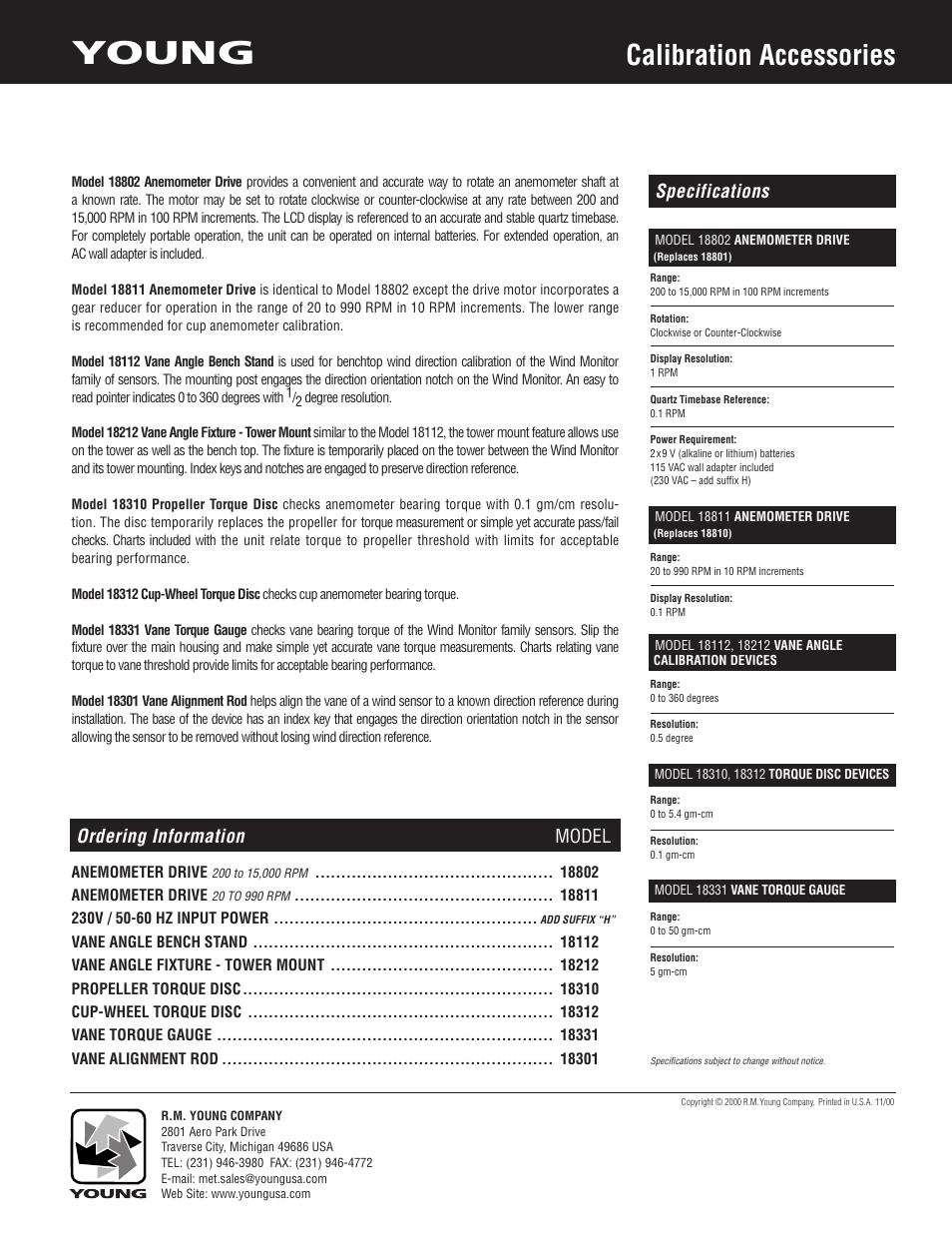 Young, Calibration accessories, Specifications ordering information model | Xylem H-375 04101 WIND MONITOR-JR User Manual | Page 18 / 18