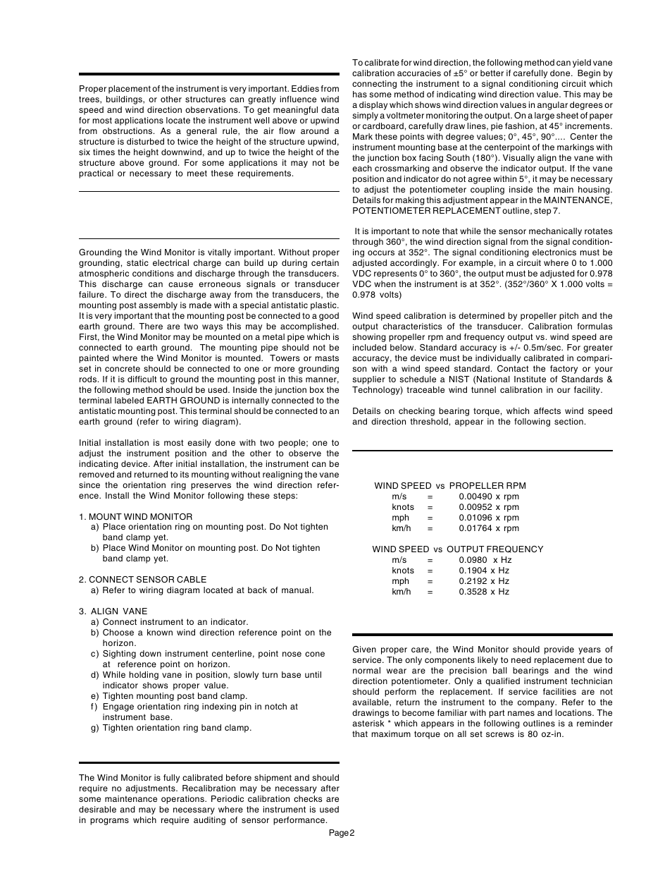 Installation, Calibration, Maintenance | Xylem H-375 04101 WIND MONITOR-JR User Manual | Page 3 / 18