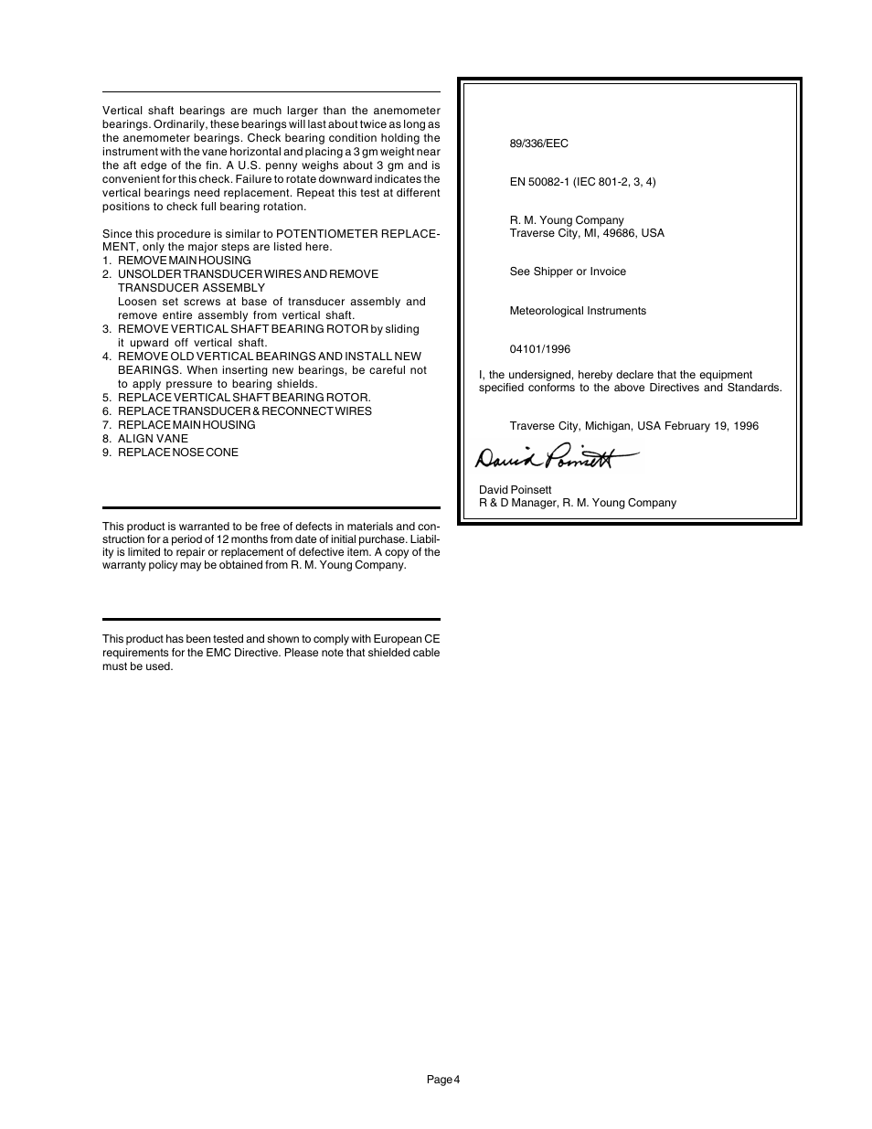Warranty, Ce compliance | Xylem H-375 04101 WIND MONITOR-JR User Manual | Page 5 / 18