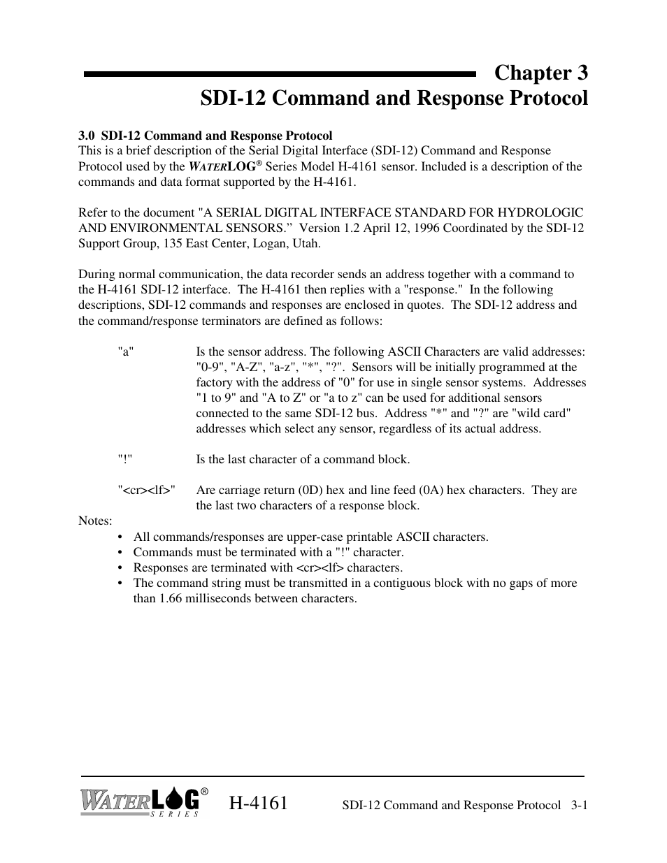Chapter 3 sdi-12 command and response protocol, H-4161 | Xylem H-4161 User Manual | Page 17 / 36