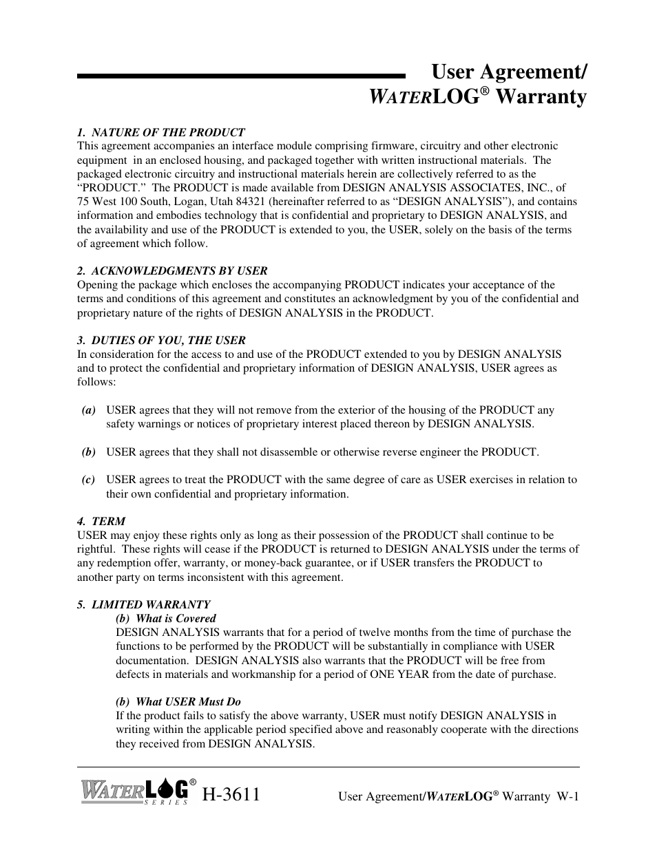 User agreement/ w, Warranty, H-3611 | Ater | Xylem H-4161 User Manual | Page 3 / 36