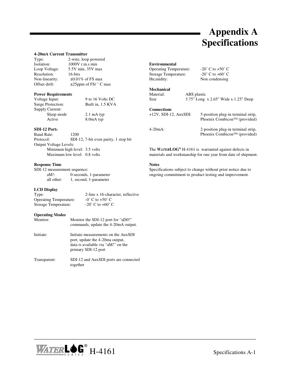 Appendix a specifications, H-4161, Specifications a-1 | Xylem H-4161 User Manual | Page 35 / 36