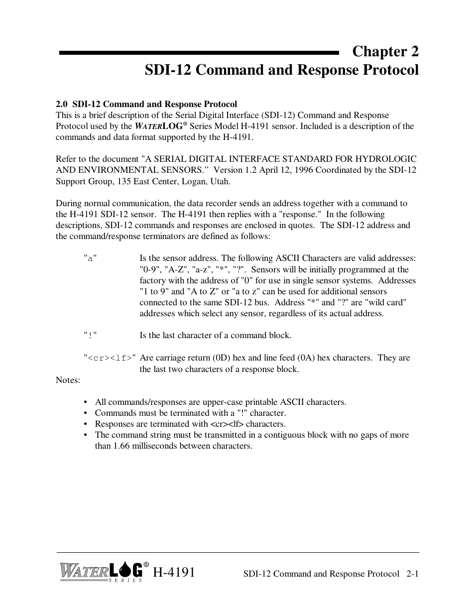 Chapter 2 sdi-12 command and response protocol, H-4191 | Xylem H-4191 User Manual | Page 11 / 21