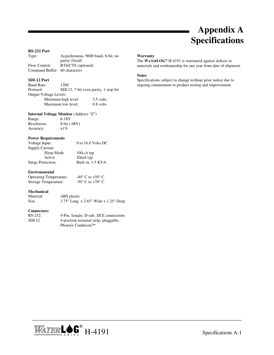 Appendix a specifications, H-4191 | Xylem H-4191 User Manual | Page 21 / 21