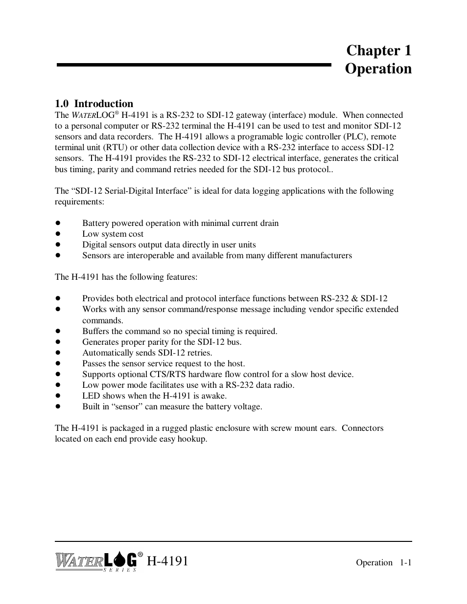 Chapter 1 operation, H-4191 | Xylem H-4191 User Manual | Page 3 / 21