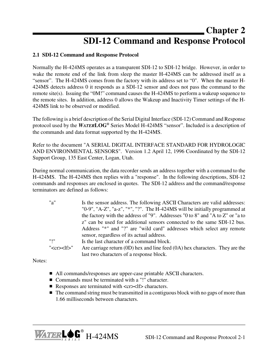 Chapter 2 sdi-12 command and response protocol, H-424ms | Xylem H-424MS V1.0 User Manual | Page 17 / 25