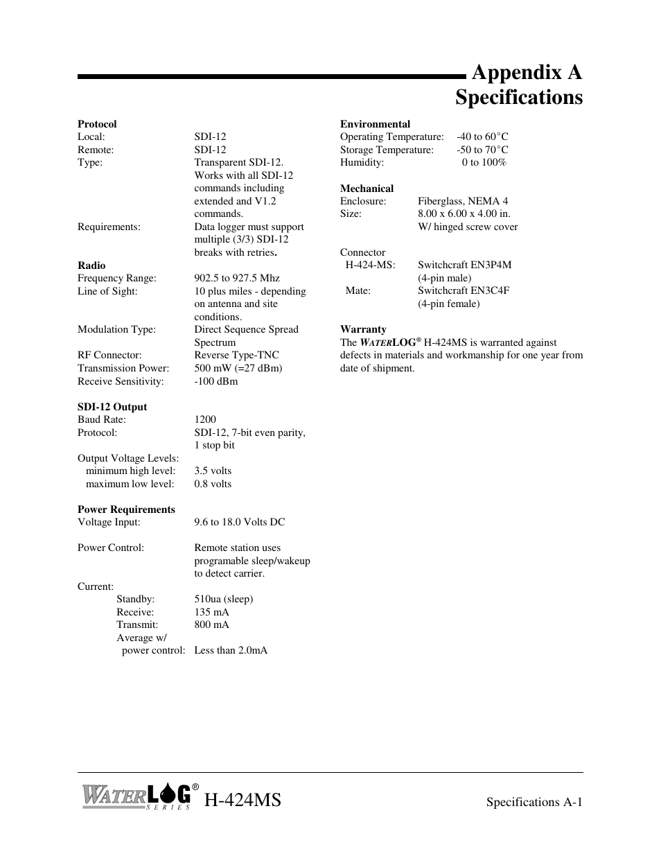 Appendix a specifications, H-424ms | Xylem H-424MS V1.0 User Manual | Page 25 / 25